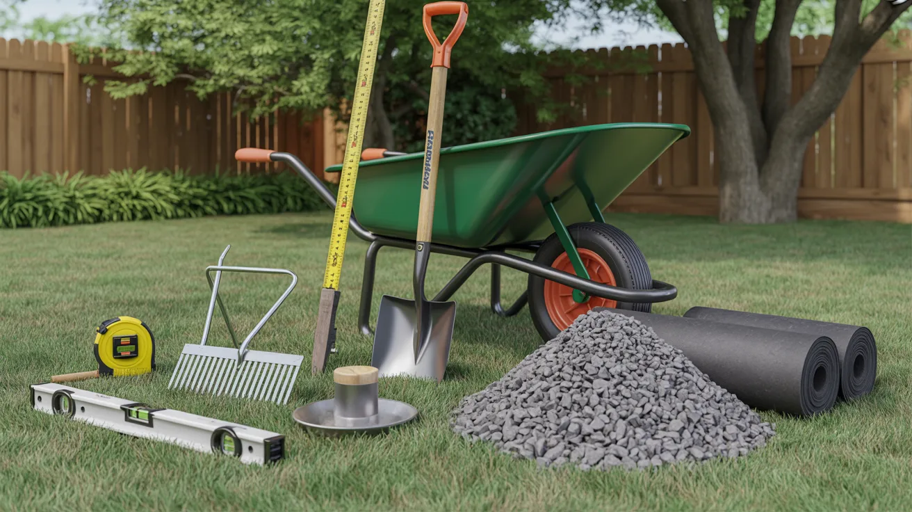 A garden tool kit featuring a wheelbarrow, shovel, and various gardening tools arranged neatly.