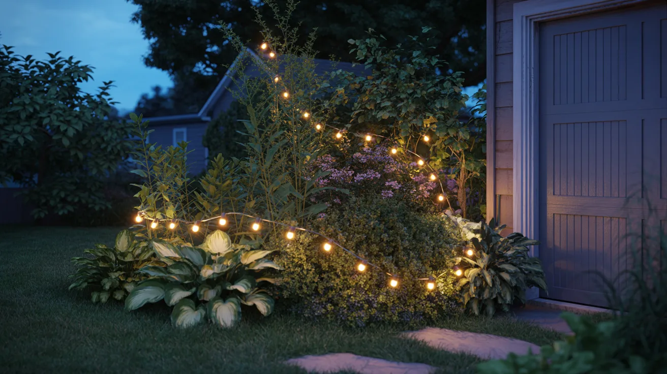 A garden illuminated by string lights draped between lush plants, creating a warm and inviting atmosphere.