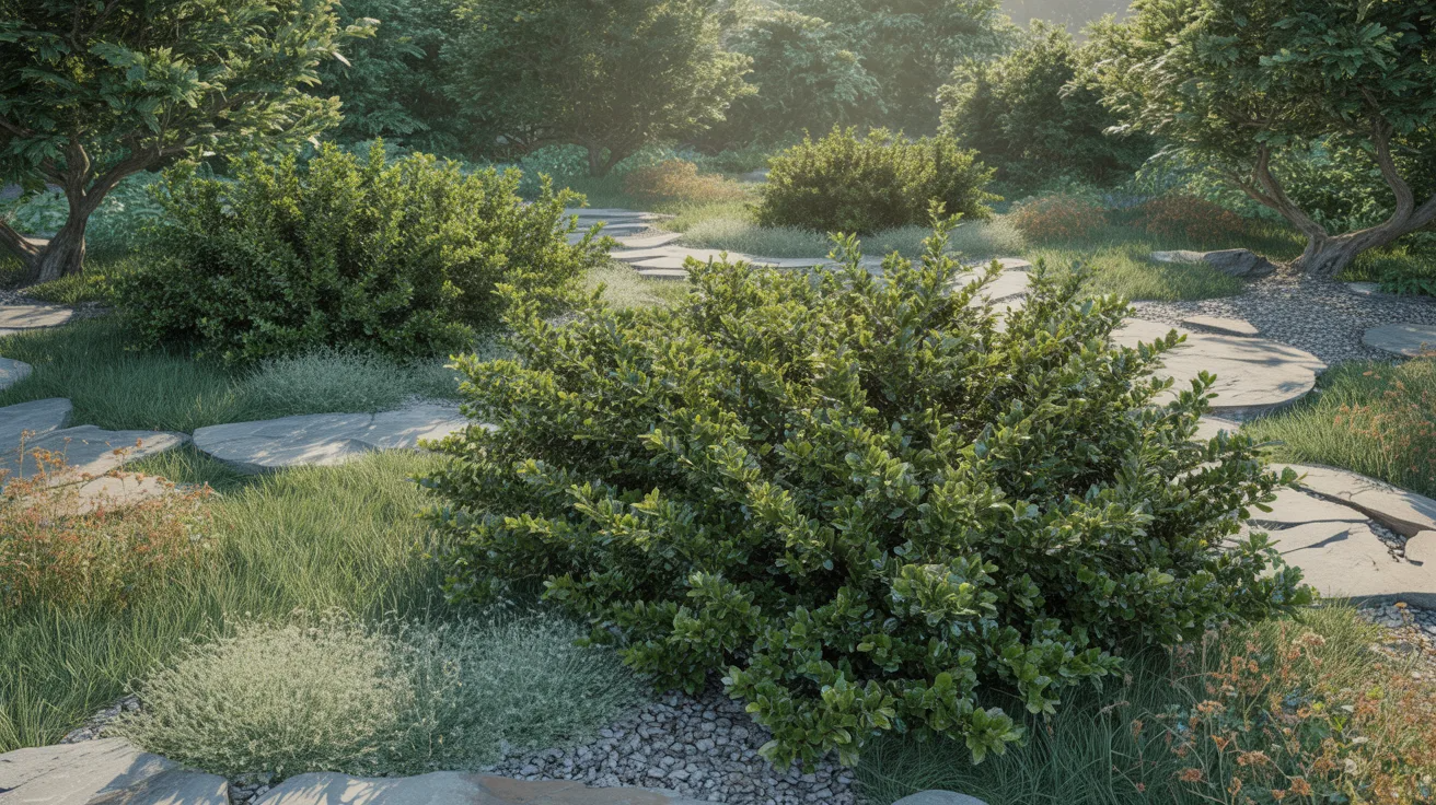 A serene garden featuring various rocks and lush shrubs, creating a natural and tranquil landscape.