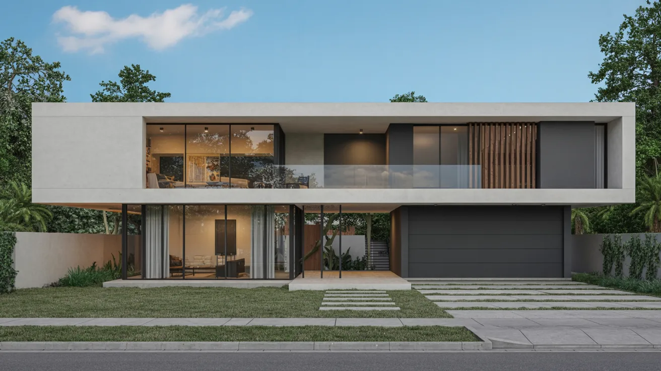 Modern house design featuring a spacious garage, showcasing contemporary architecture and clean lines.