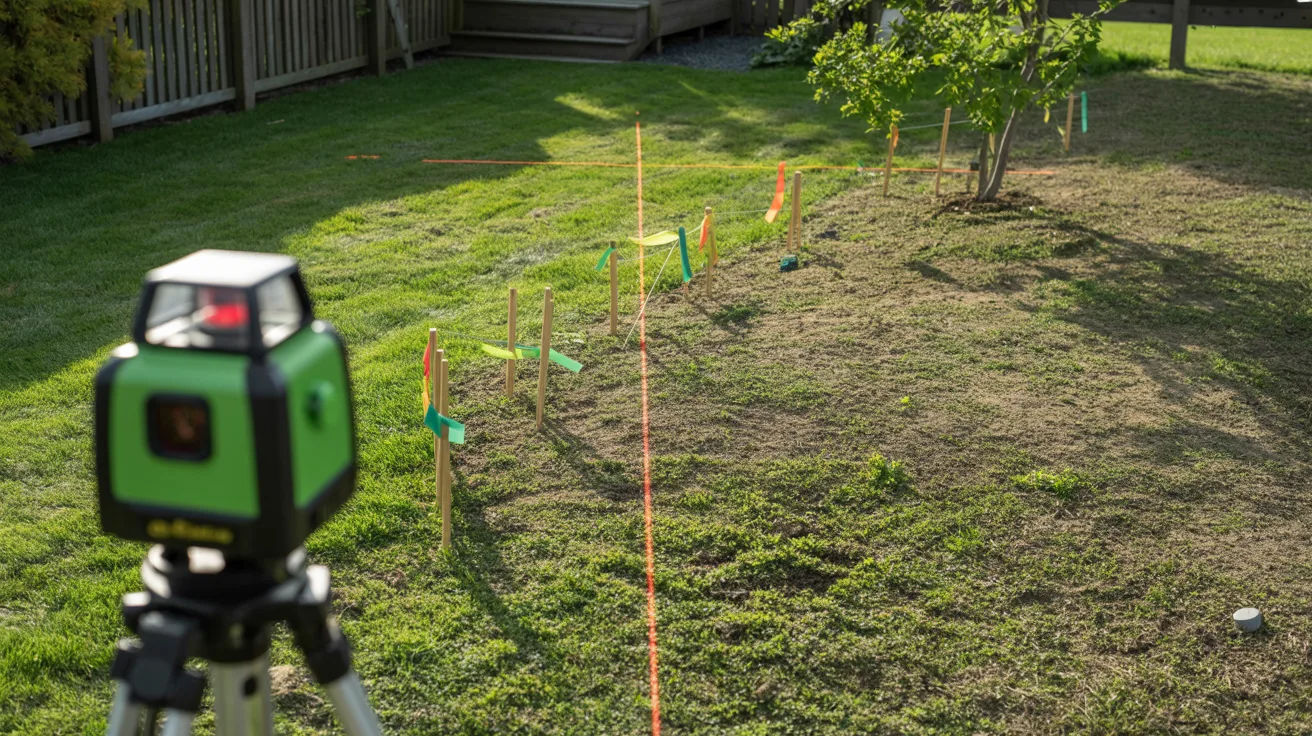 A green laser level mounted on a tripod, positioned in a yard with grass and landscaping visible in the background.