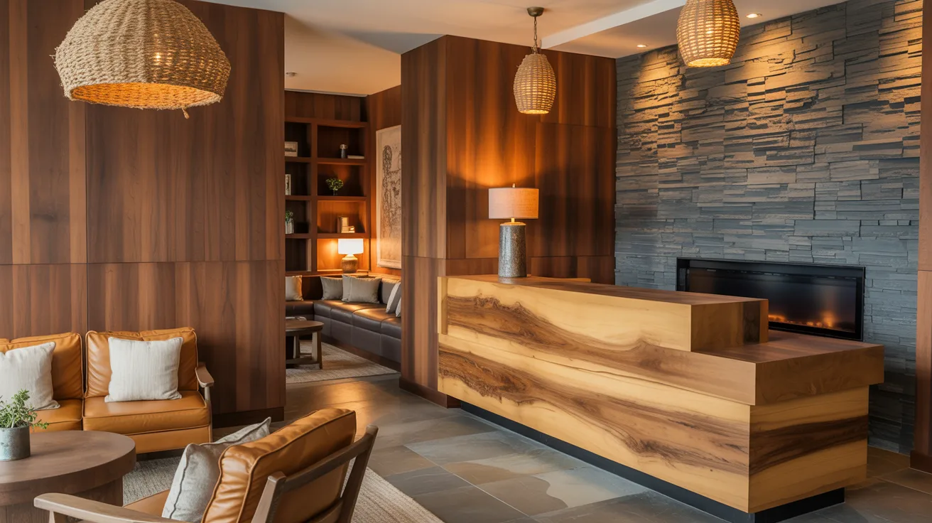 Hotel lobby featuring elegant wooden accents, showcasing a warm and inviting atmosphere for guests.