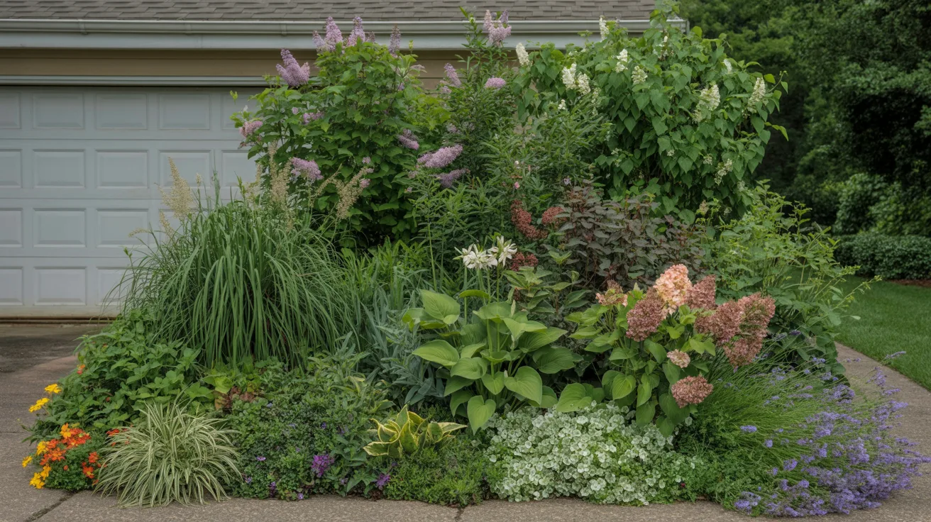 A vibrant garden filled with various plants, situated in front of a garage.