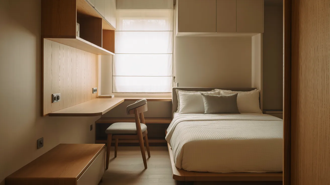 A small bedroom featuring a bed and a desk, with cozy decor and soft lighting.