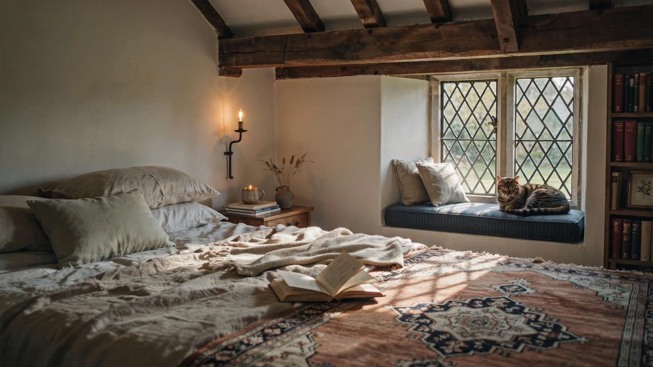 Cozy Tudor bedroom with built-ins and soft textures.