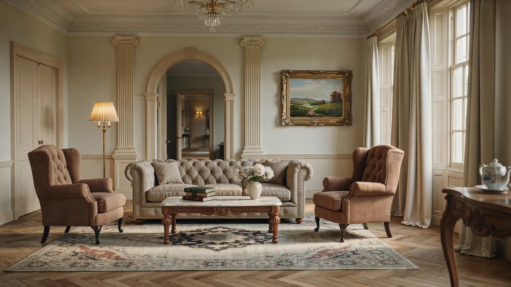 Traditional home interior with classic furniture, wood finishes, and classy décor.