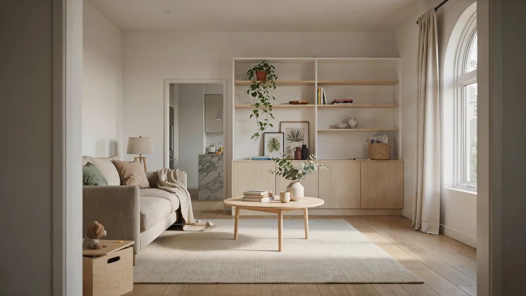 Functional home design with organized storage, multifunctional furniture, and natural light.