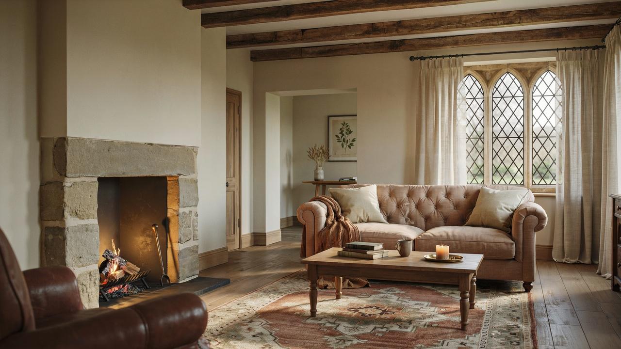 Earth-toned color palette in a Tudor style house interior.
