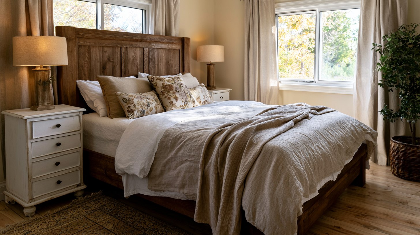 Cozy cottage bedroom with layered bedding and vintage furniture.