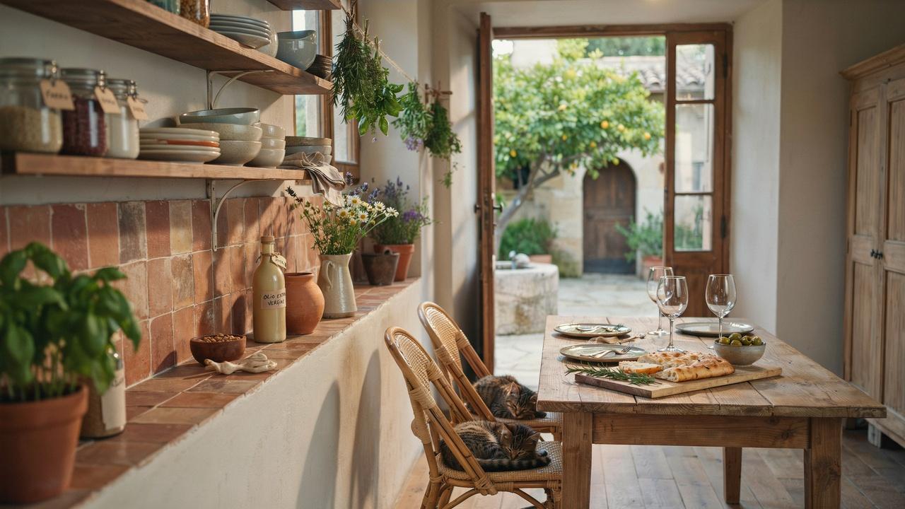 Mediterranean kitchen with open shelving, terracotta tiles, wooden dining table, and hanging herbs.