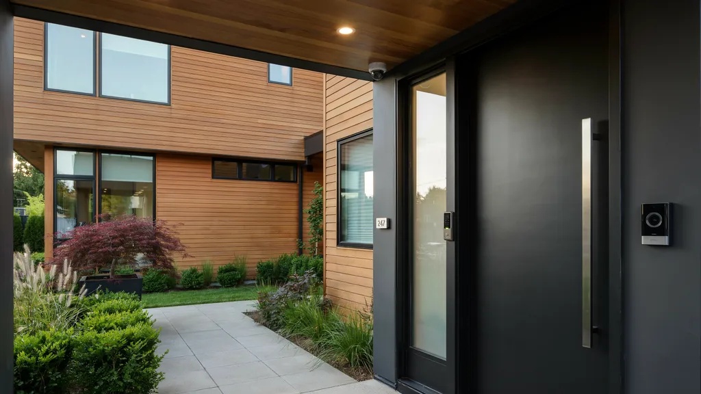Modern home entrance with smart lock, video doorbell, and security camera system.
