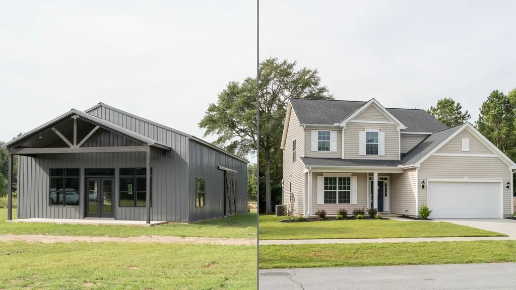 Comparison of a modern barndominium and a traditional house showing their exterior design differences.