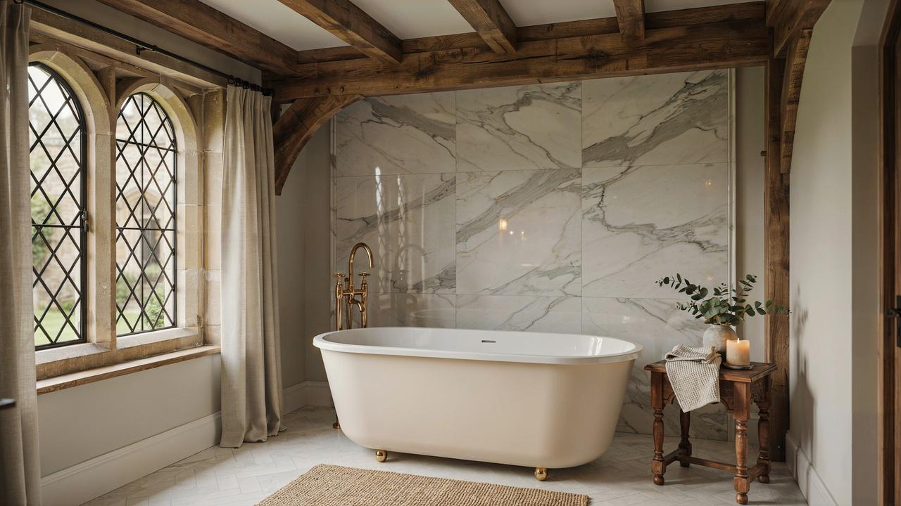 Modern Tudor bathroom with marble and freestanding bathtub.