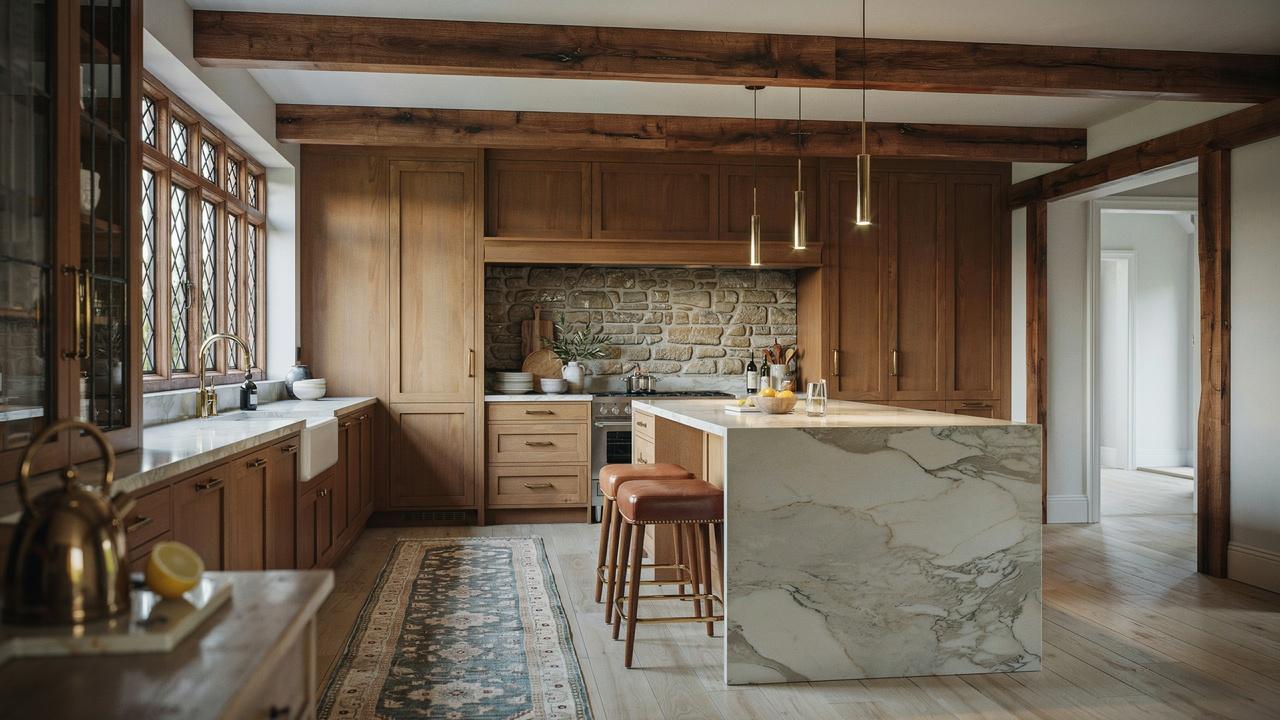 Modern Tudor kitchen with wood cabinets and marble countertops.