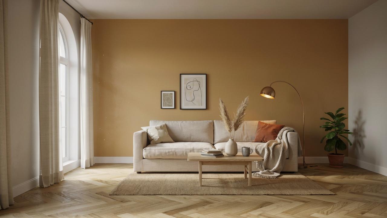 Room with ochre accent wall, beige furniture, and light wood accents.