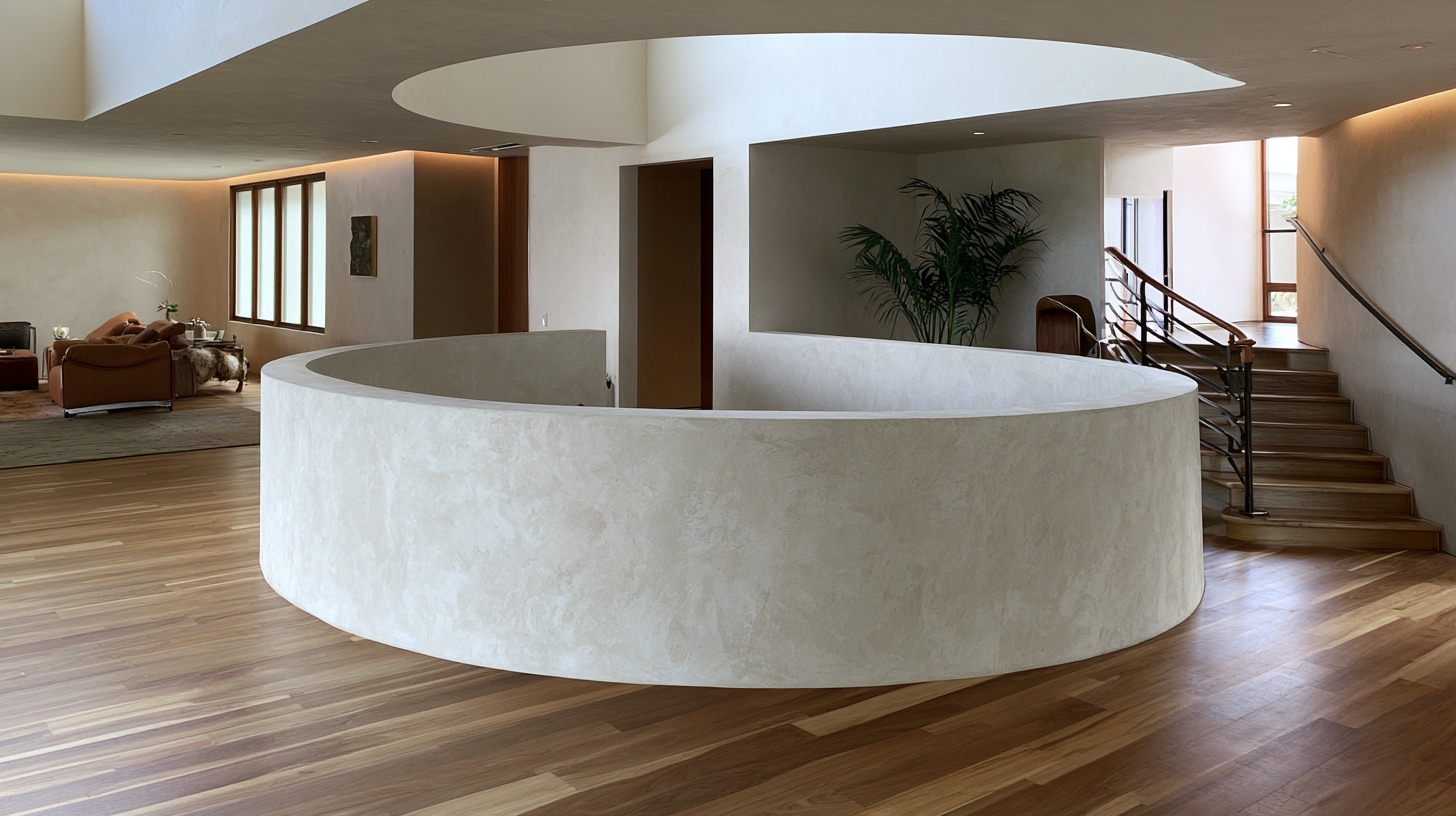 Curved half wall divider creating a soft and elegant room separation.