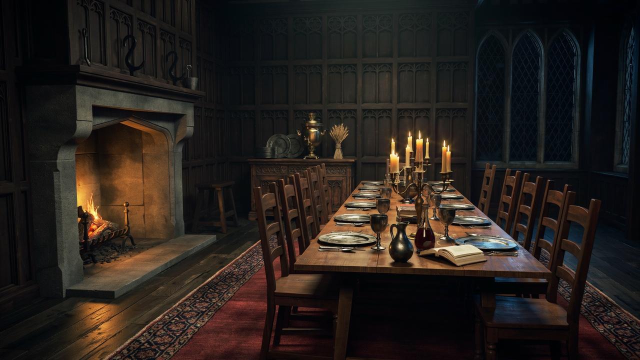 Traditional Tudor interior with dark wood finishes and rich colors.