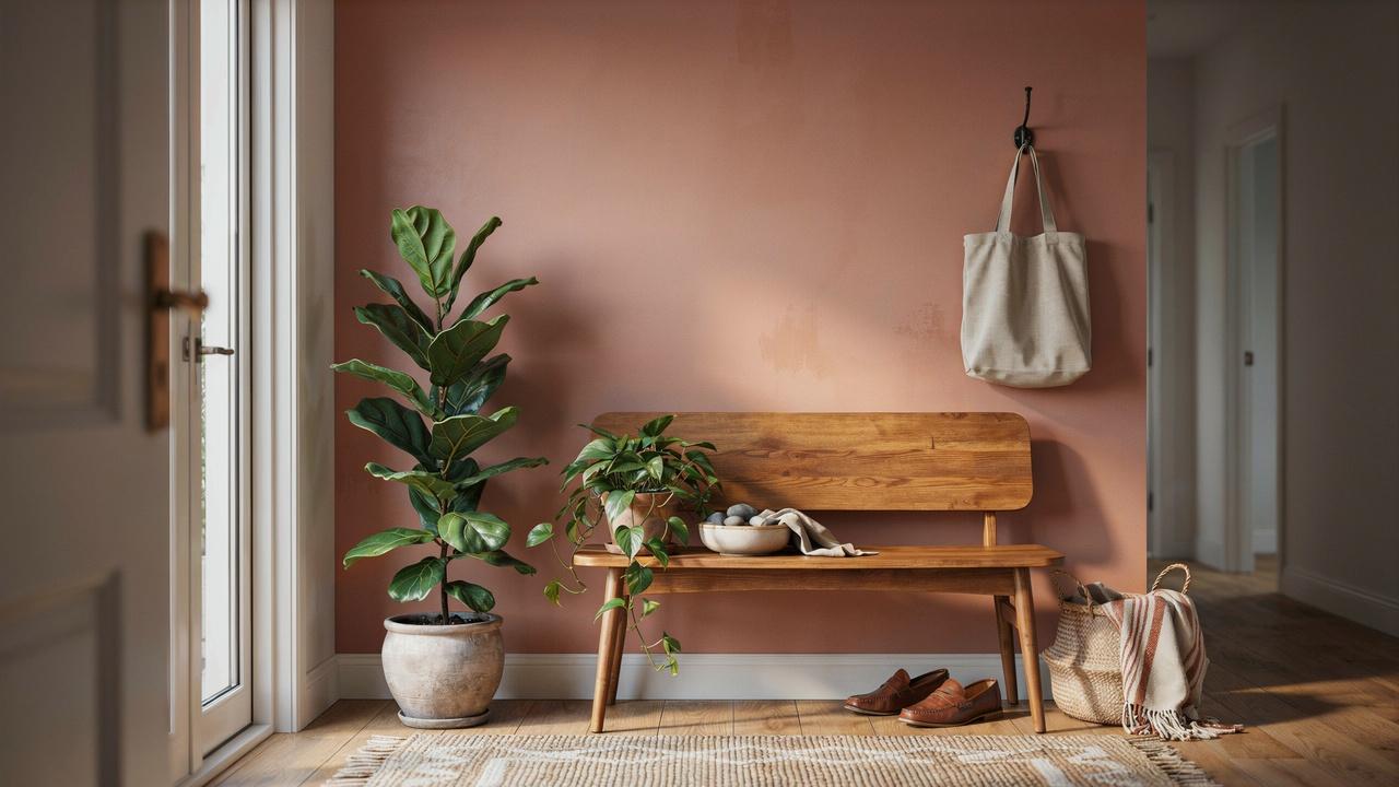 Entryway with terracotta wall, wooden bench, woven rug, and indoor plants.