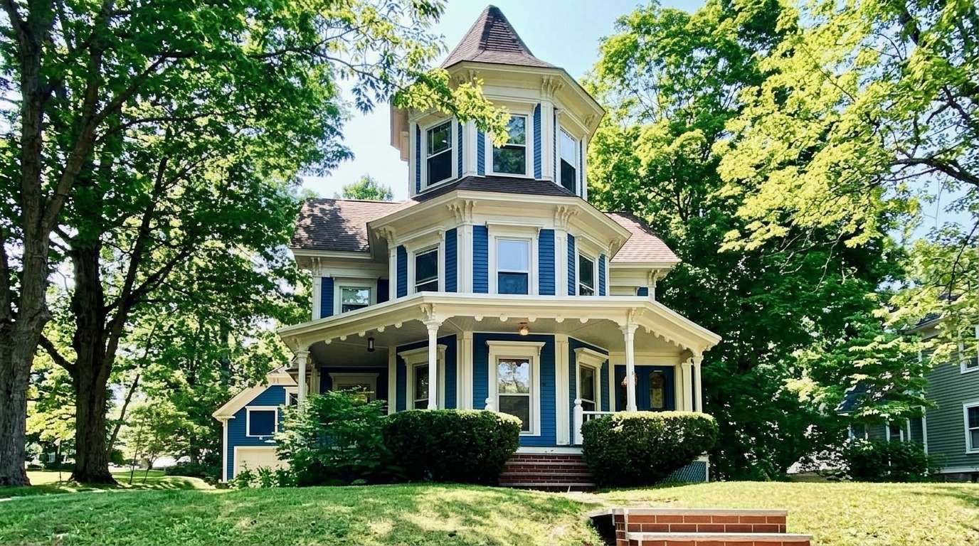 Octagonal accent window on a Garrison style house.