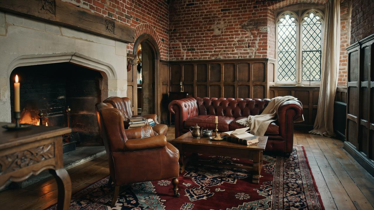 Stone fireplace and brick wall inside a Tudor home.