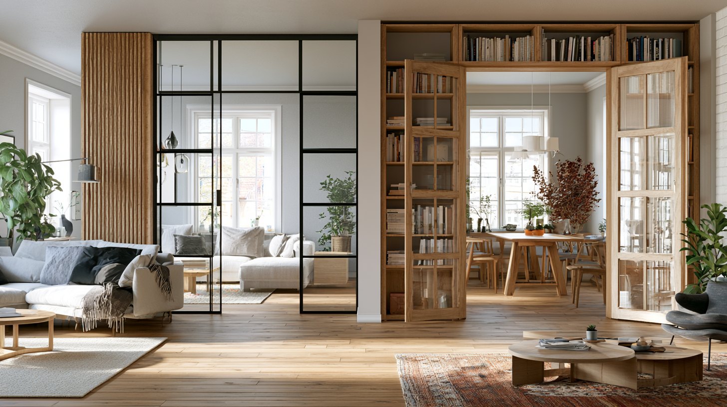 Modern open-concept home featuring different half wall room divider designs, including wood slats, glass panels, and built-in shelving, to help choose the right style for any space.