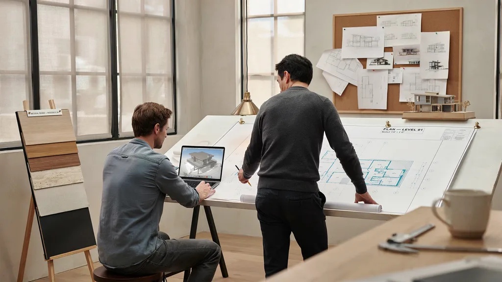Architect and custom home builder reviewing residential design plans together.