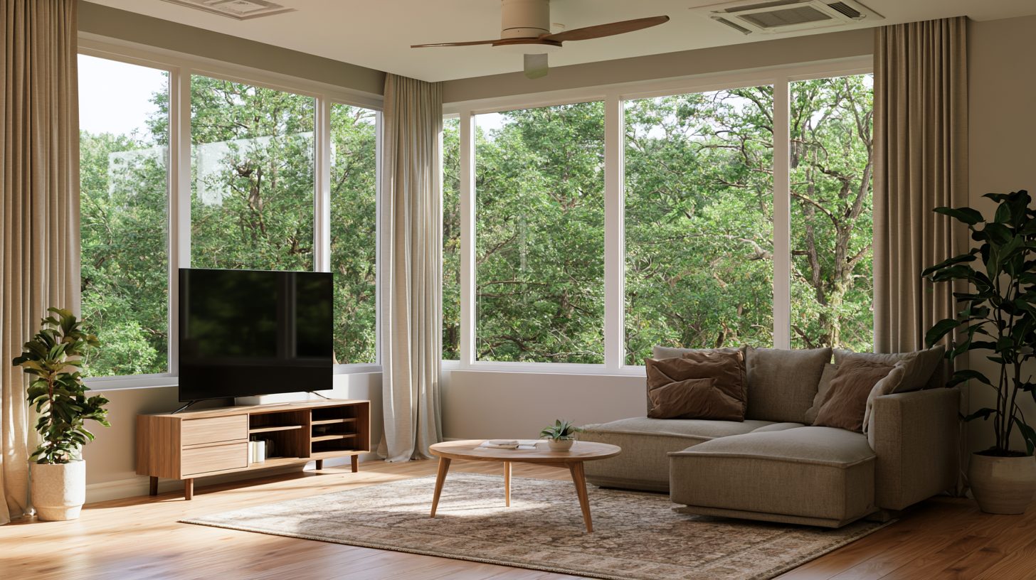 Corner TV layout beside a large living room window.