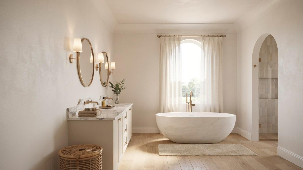 Classic bathroom with neutral colors, marble surfaces, and brass fixtures.