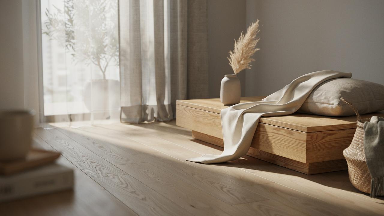 Japandi interior with natural wood, linen, cotton, stone, and woven textures creating a warm, organic atmosphere.