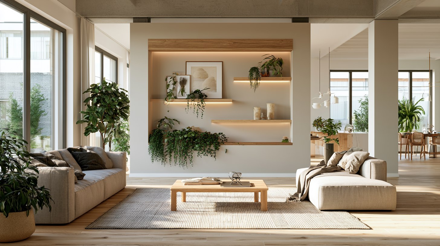 Modern half wall room divider decorated with floating shelves, plants, artwork, and warm wood accents in a bright open-concept living room.