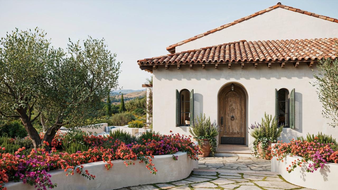 Traditional hacienda style home with white stucco walls, red clay roof, arched entryway, rustic wooden doors, and a peaceful courtyard.