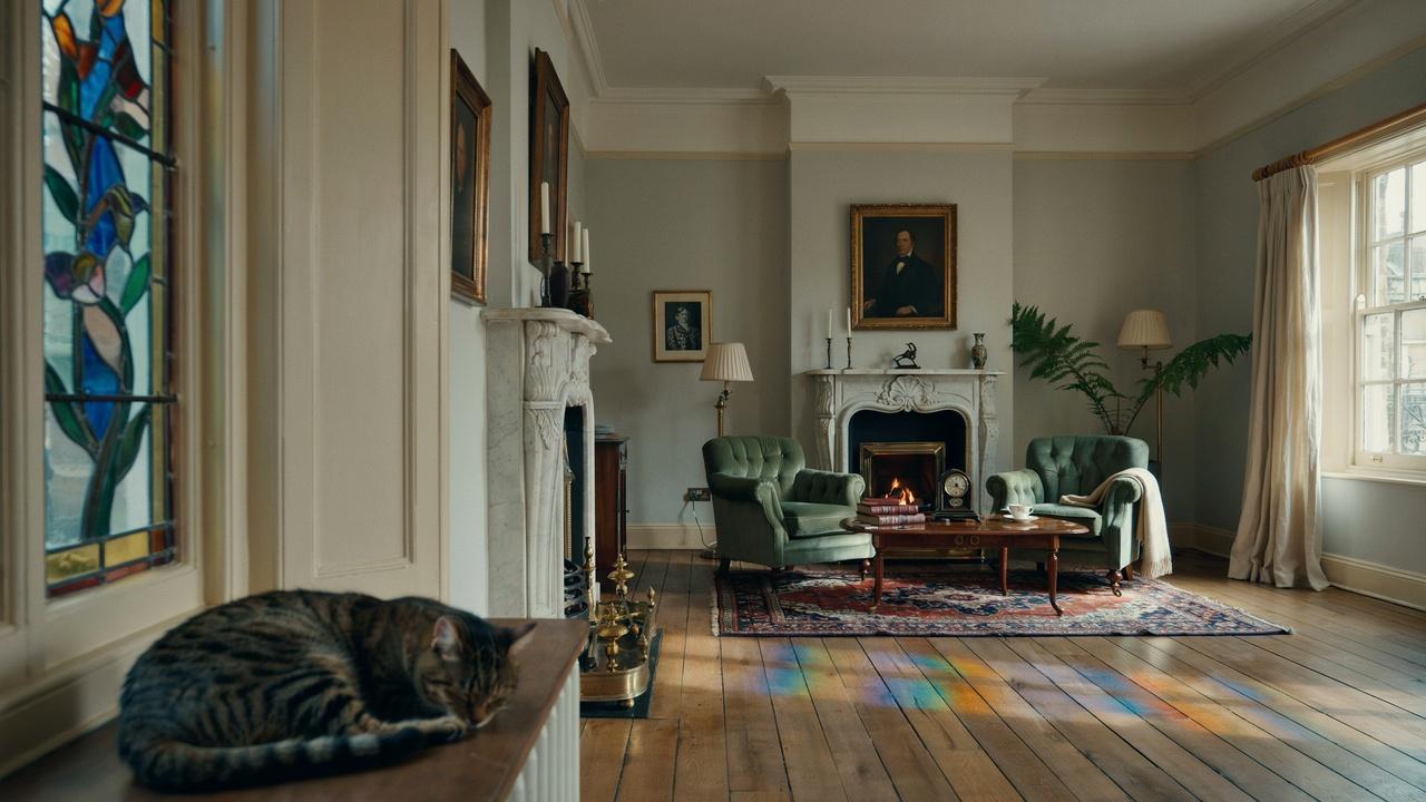 Edwardian style house interior with fireplace and high ceilings.