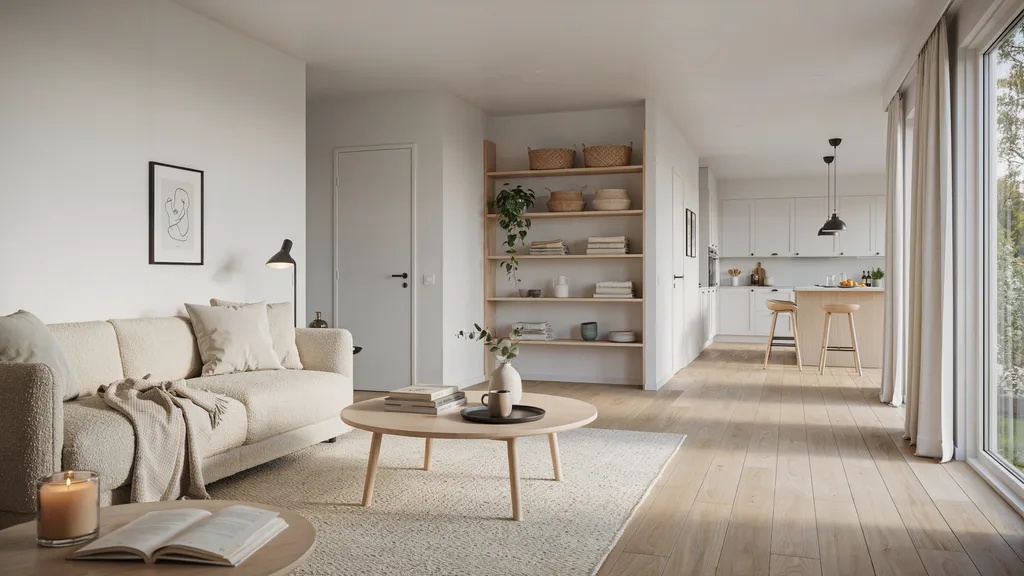 Functional home design with an open layout, organized storage, multifunctional furniture, and natural light.