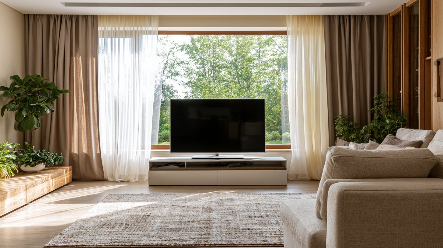 Modern living room with TV placed in front of a large window using a stylish interior design layout.