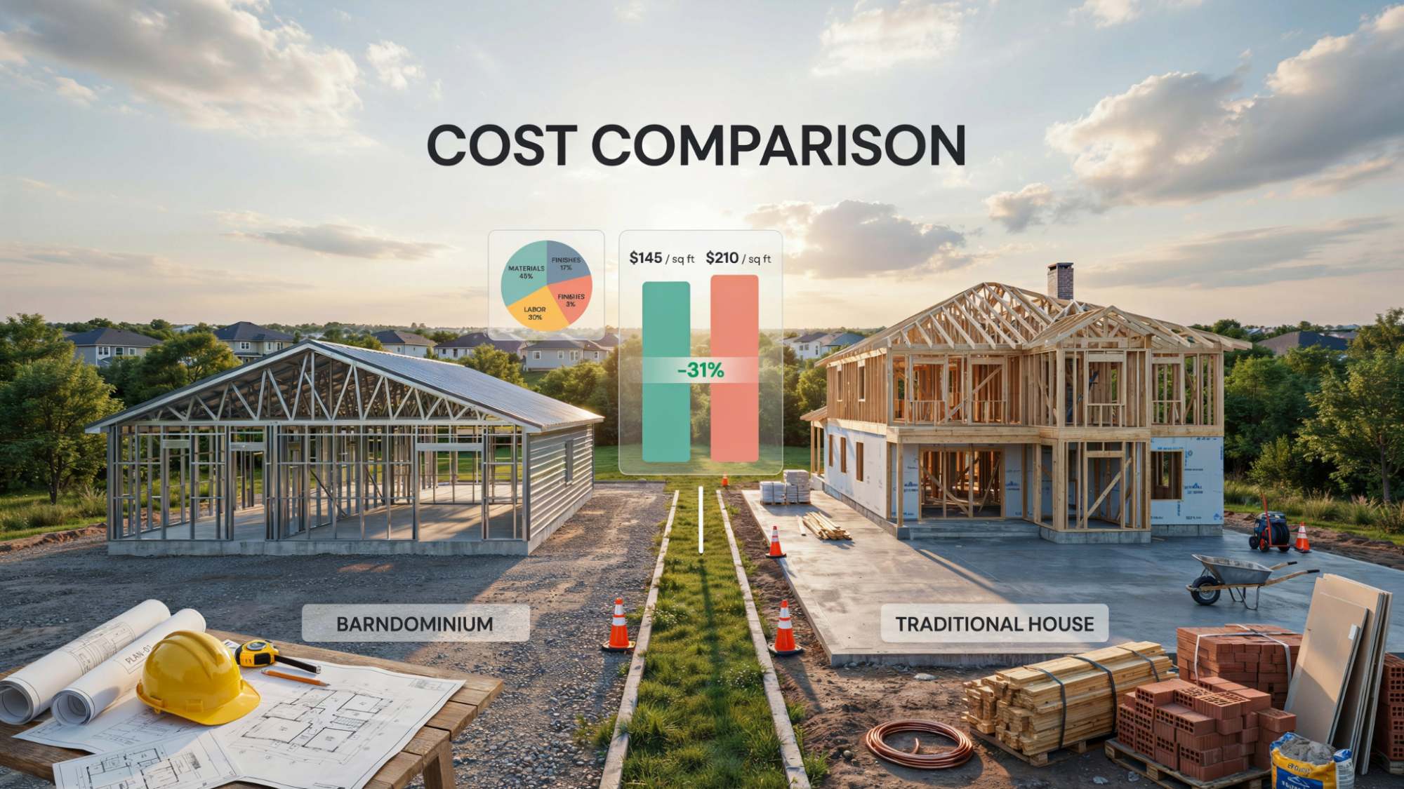 Barndominium and traditional house construction illustrating differences in building costs.