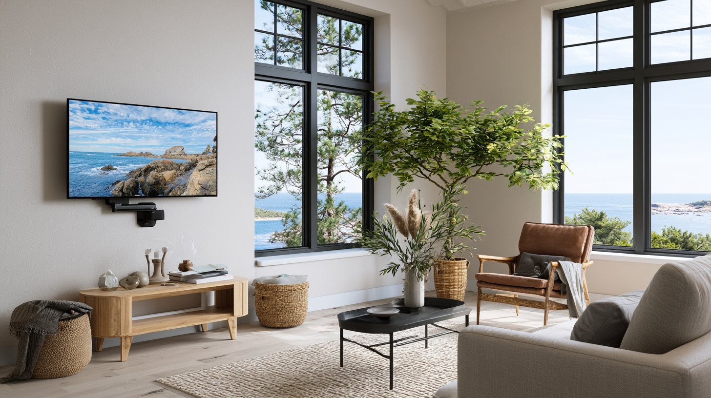 Swivel-mounted TV installed in front of a living room window.