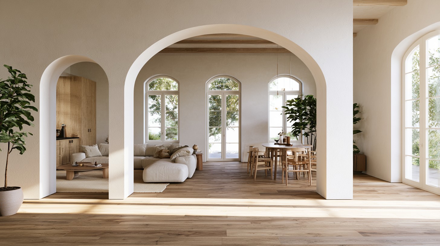 Arched half wall room divider with a smooth curved design separating the living and dining areas in a bright modern home.