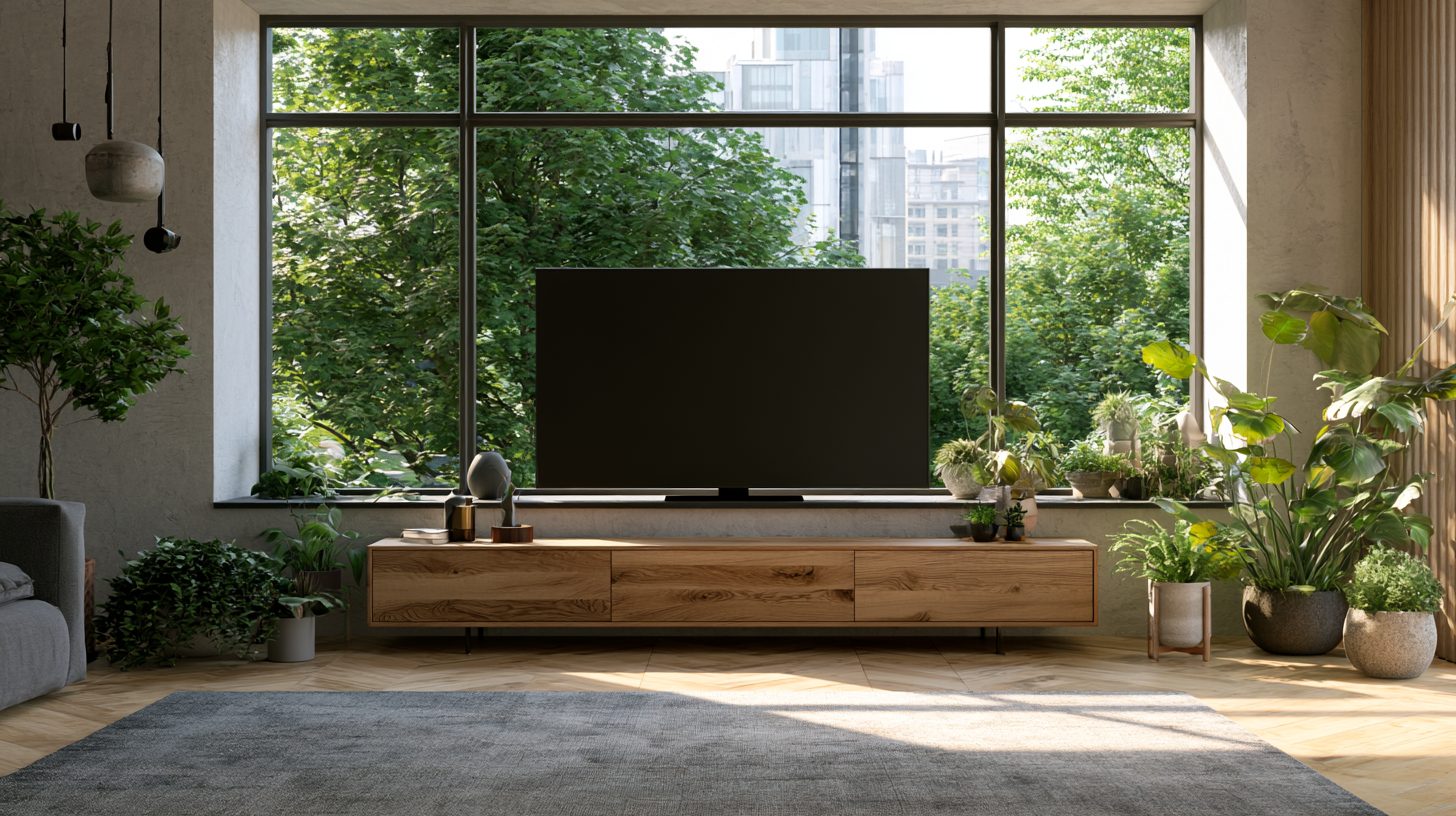 Low-profile TV console positioned below a living room window.
