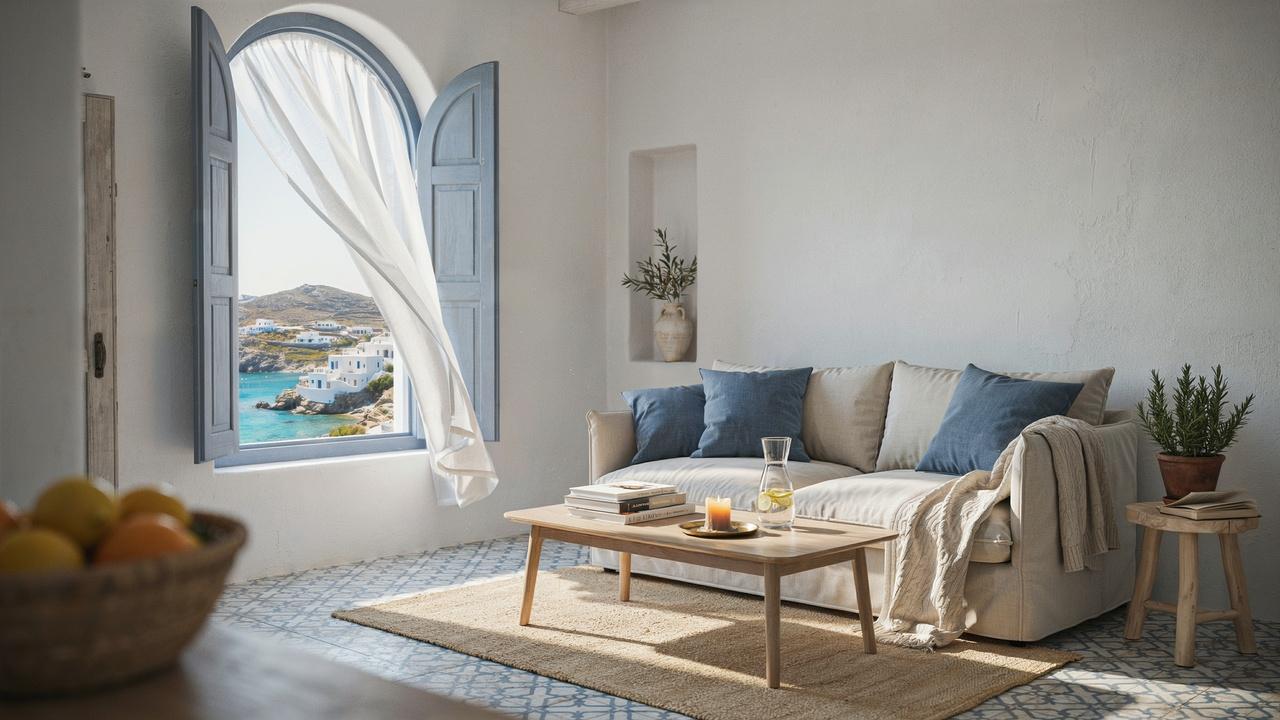 Greek Mediterranean interior with white walls, blue accents, bright natural light, and a coastal-influenced design.