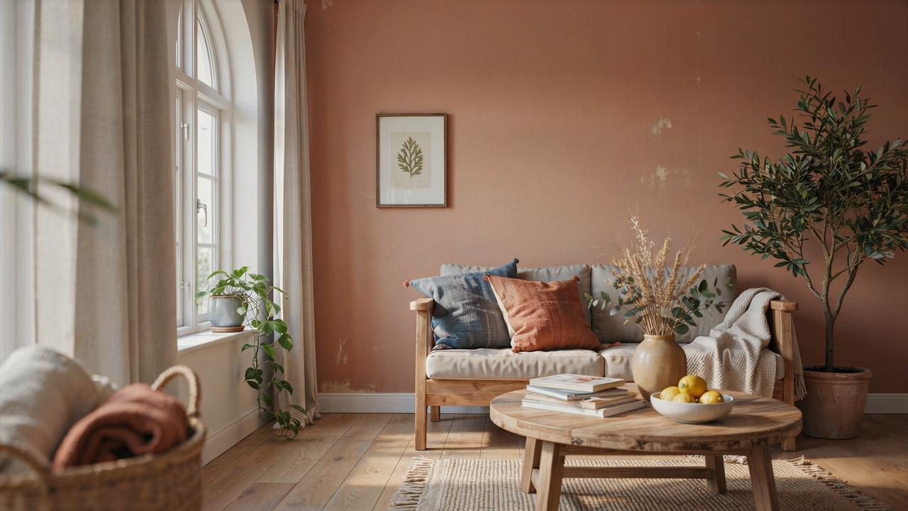 Budget-friendly Mediterranean room featuring earthy colors, woven textiles, wooden furniture, plants, and ceramic decor.