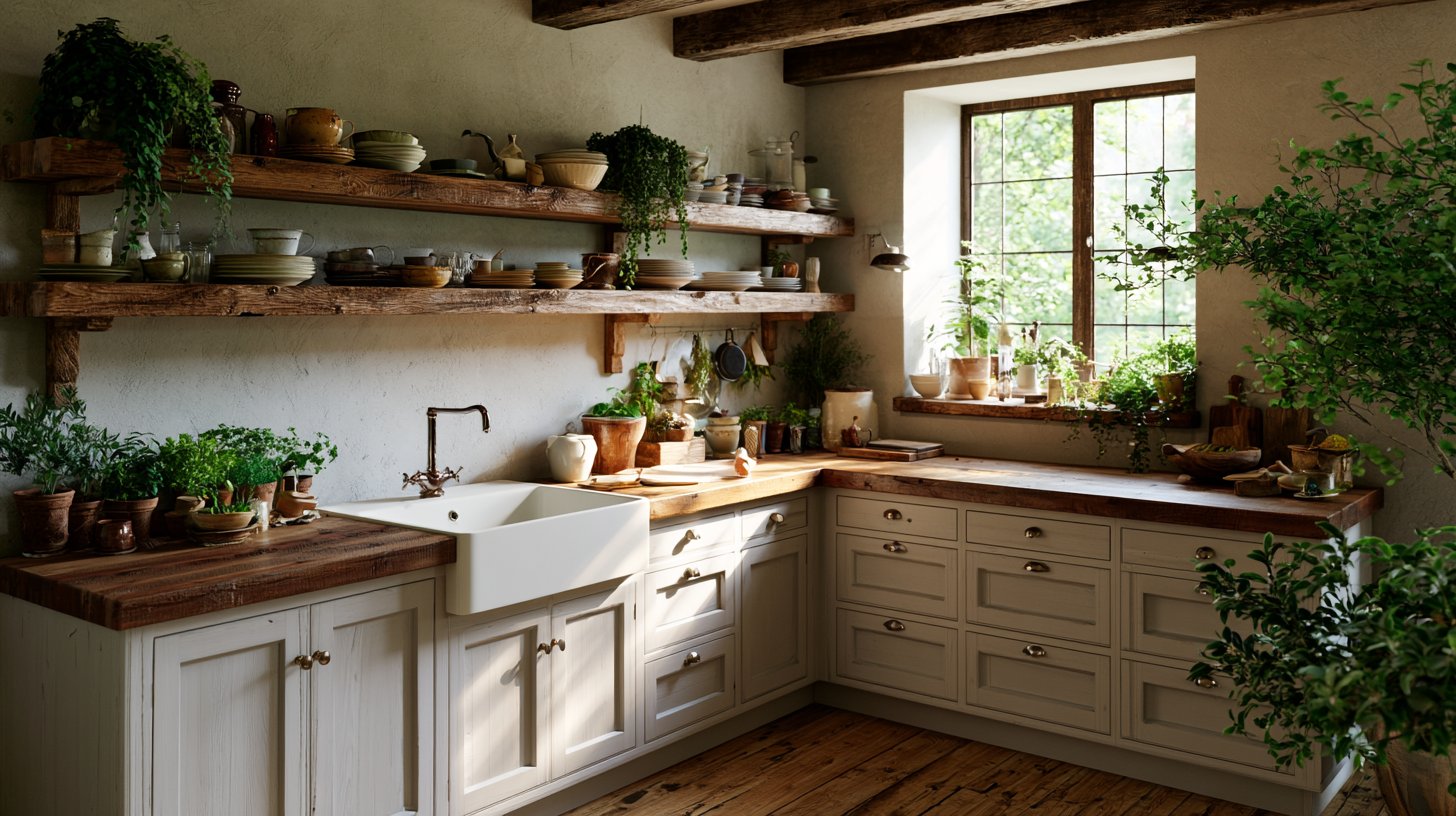 Cozy cottage kitchen with farmhouse sink and open shelves.