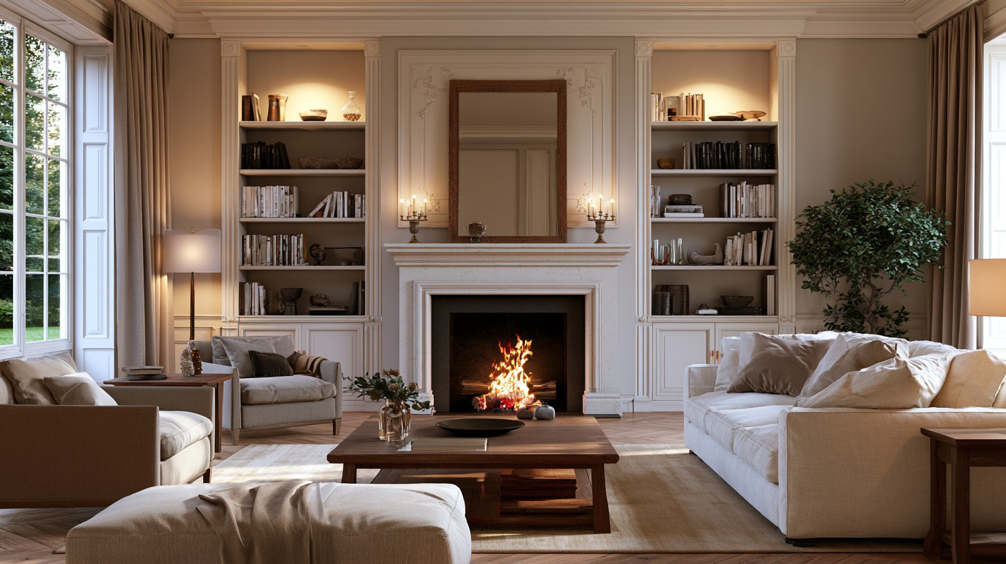 Living room with a fireplace as the central focal point.