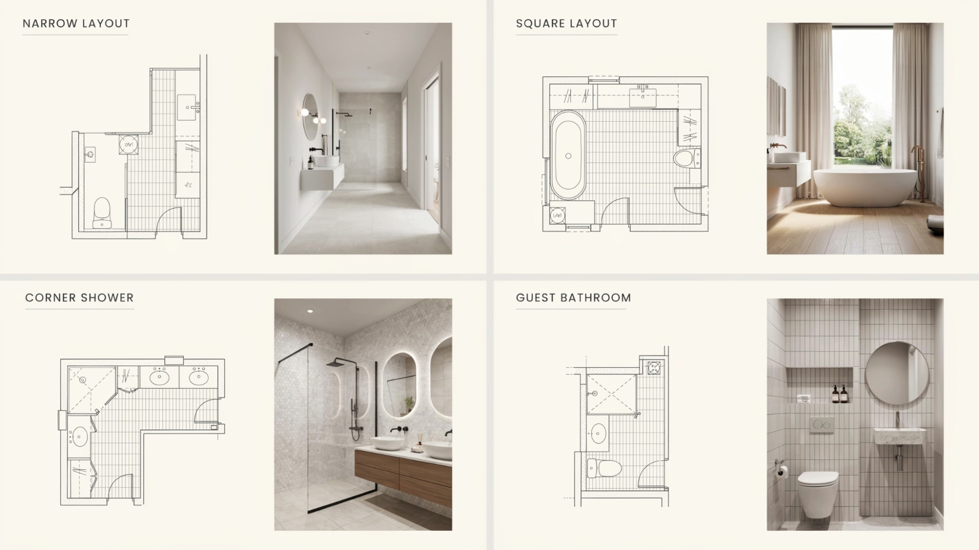 Popular 3/4 bathroom layout ideas featuring narrow, square, corner shower, and guest bathroom designs.