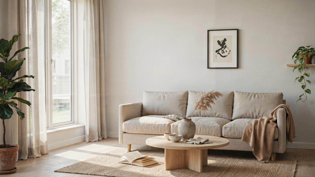 Bright Japandi living room with neutral furniture, natural wood, soft textiles, indoor plants, and calming minimalist styling throughout.