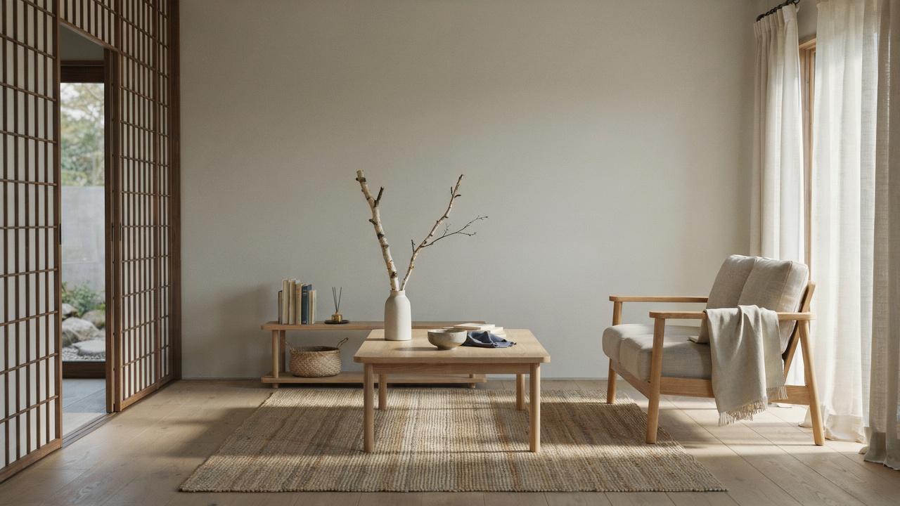 Low-profile Japandi furniture with clean lines, natural wood, and an open minimalist living room design.