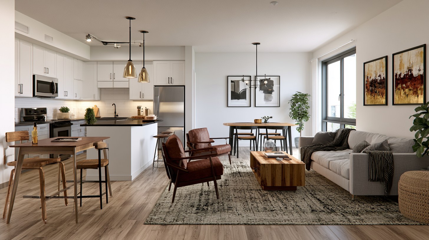 Area rug defining apartment kitchen