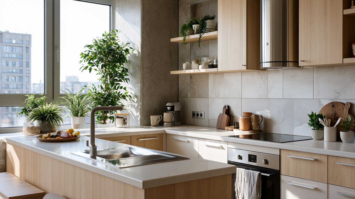 Organized clutter-free apartment kitchen counter
