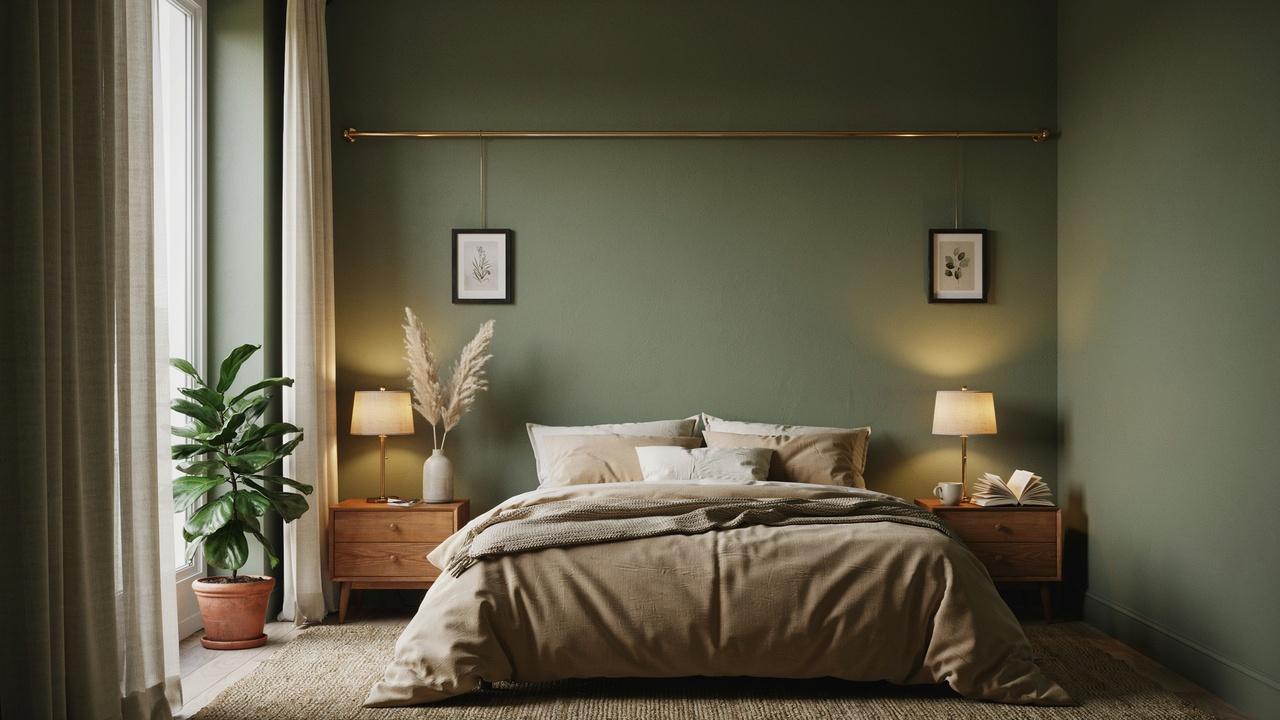 Bedroom with olive green walls, camel bedding, and warm wood furniture.