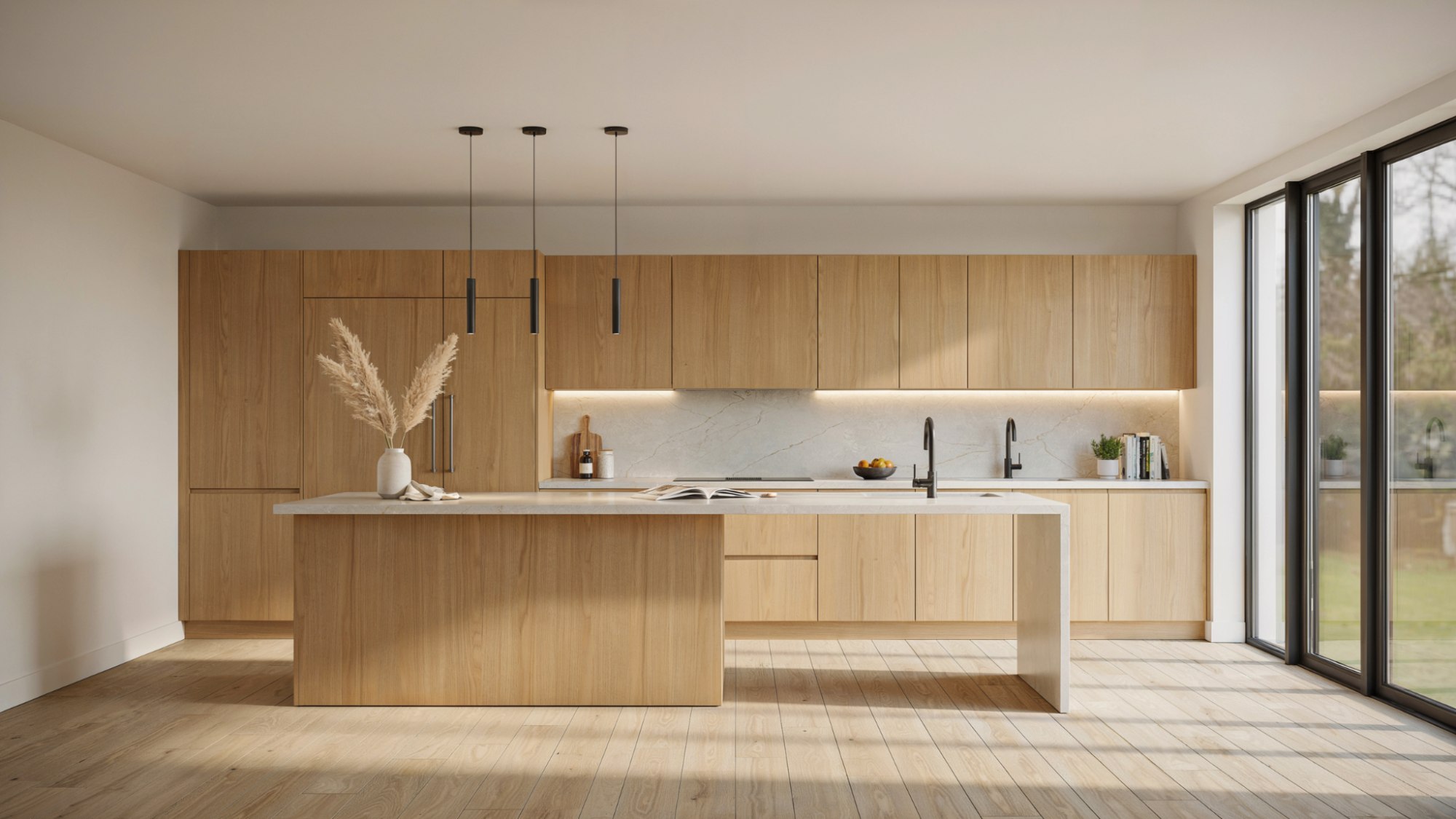 Contemporary kitchen with flat-panel cabinets, quartz countertops, and a minimalist modern design.