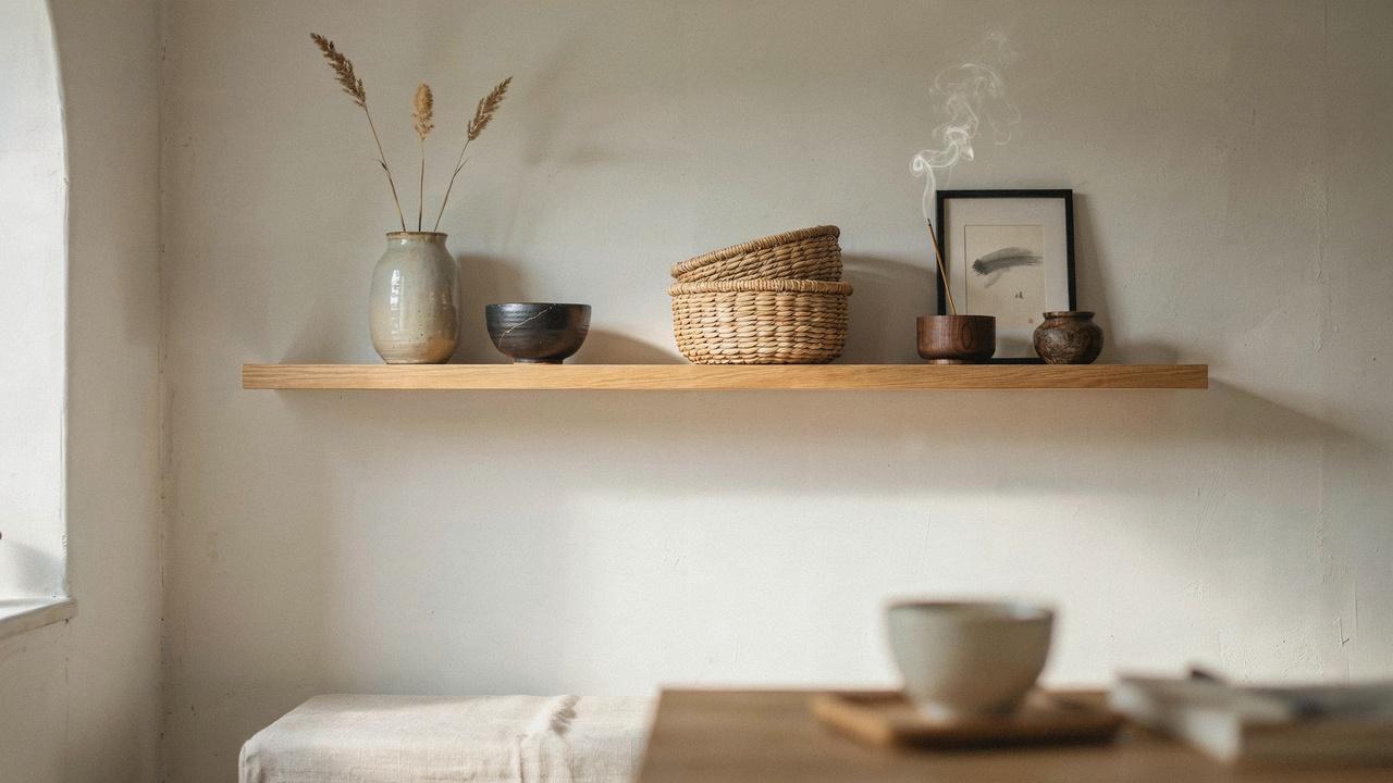 Handmade ceramics, woven baskets, and simple artwork adding timeless craftsmanship to a Japandi interior.